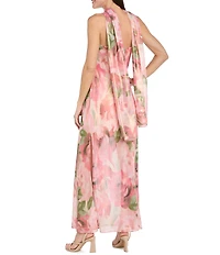 R & M Richards Cowl Neck Chiffon Floral Print Long Dress