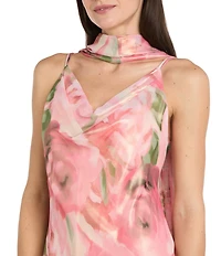 R & M Richards Cowl Neck Chiffon Floral Print Long Dress