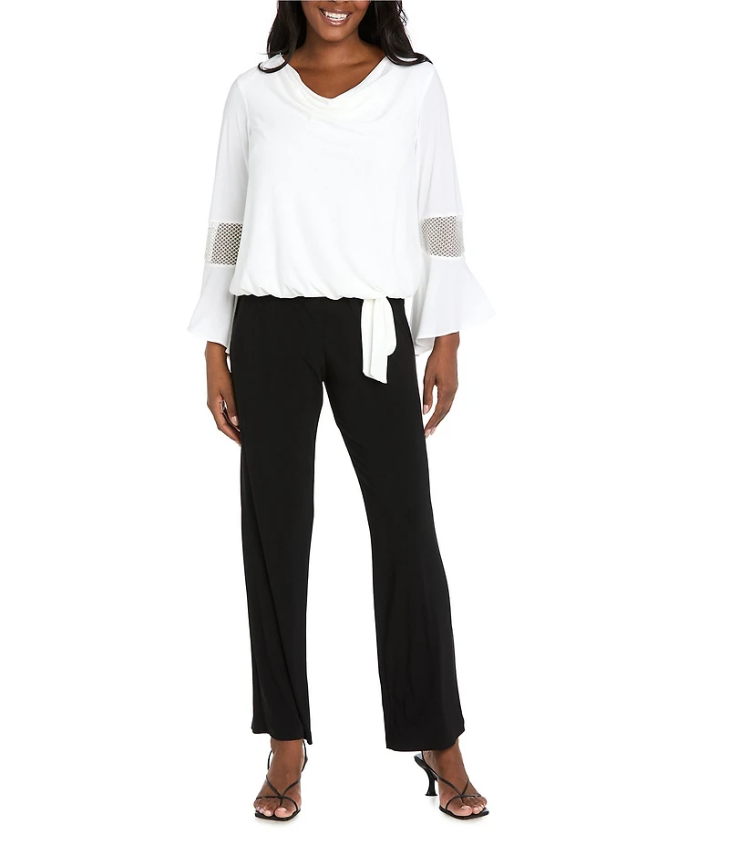 R & M Richards Cowl Neck Rhinestone Long Sleeve Blouson Top