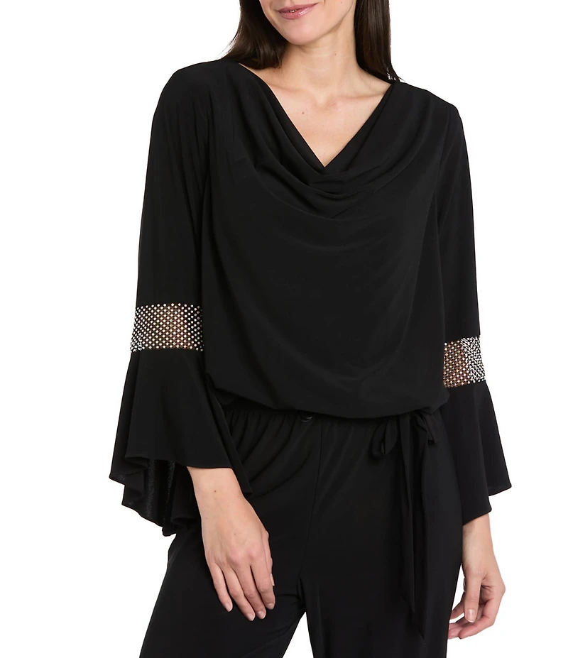 R & M Richards Cowl Neck Rhinestone Long Sleeve Blouson Top