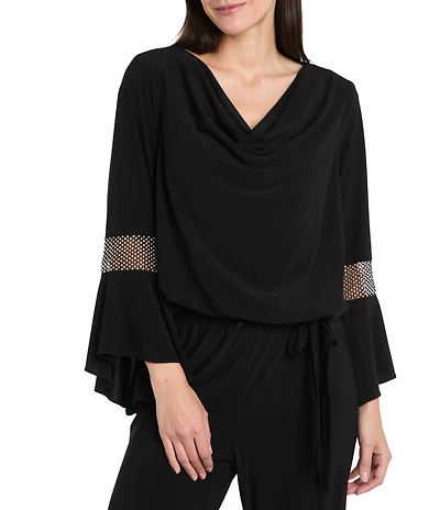 R & M Richards Cowl Neck Rhinestone Long Sleeve Blouson Top