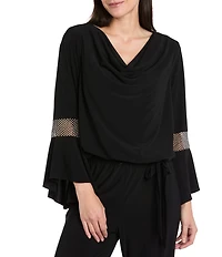 R & M Richards Cowl Neck Rhinestone Long Sleeve Blouson Top