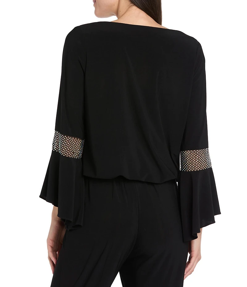 R & M Richards Cowl Neck Rhinestone Long Sleeve Blouson Top