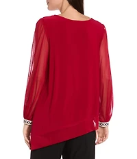 R & M Richards Cowl Neck Rhinestone Long Sleeve Blouson Top