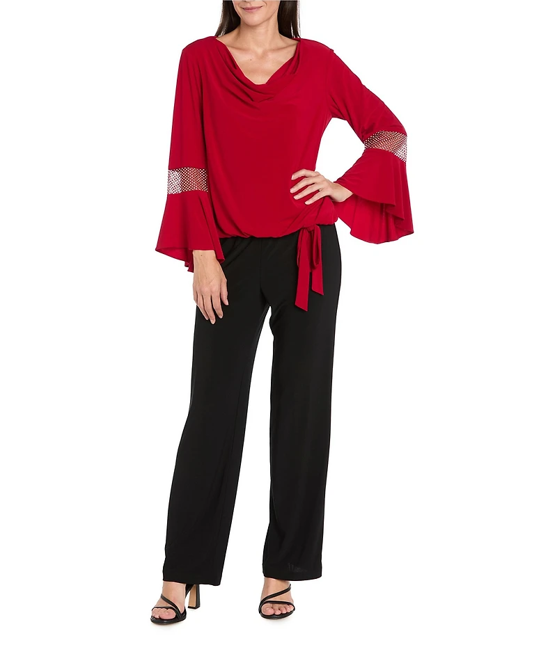 R & M Richards Cowl Neck Rhinestone Long Sleeve Blouson Top