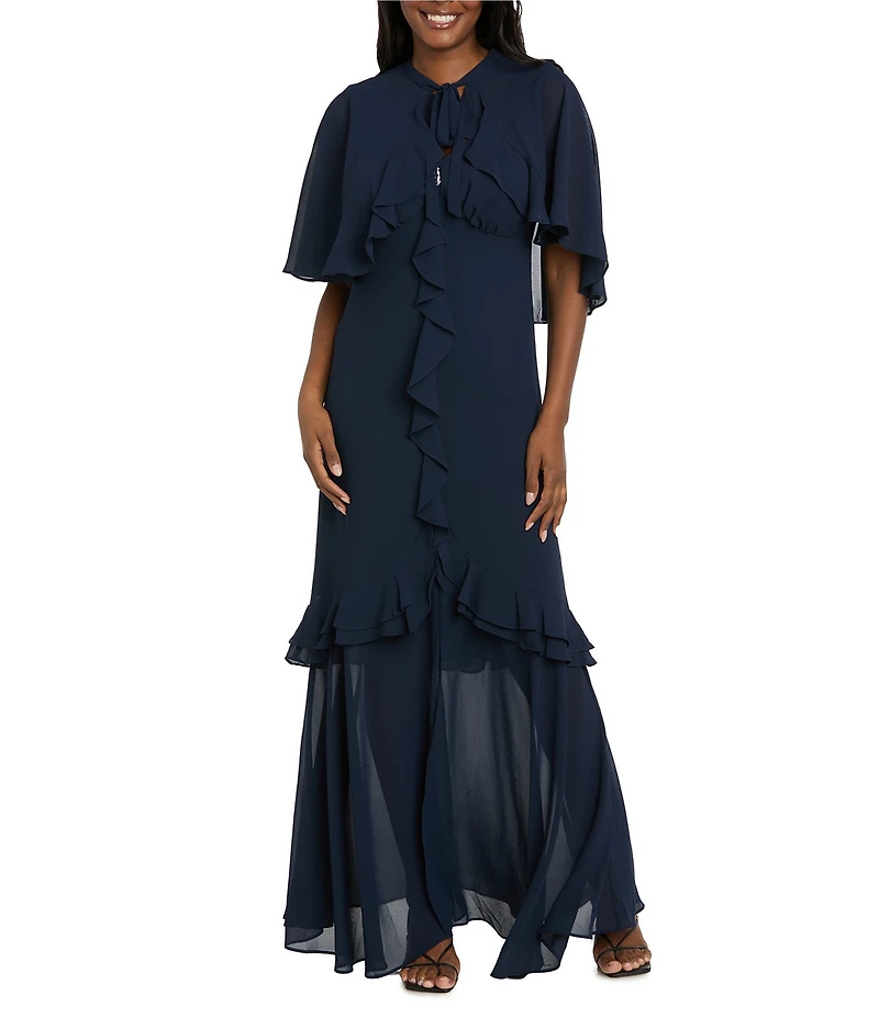 R & M Richards Crepe Chiffon 2-Piece Short Sleeve Capelet Ruffle Gown