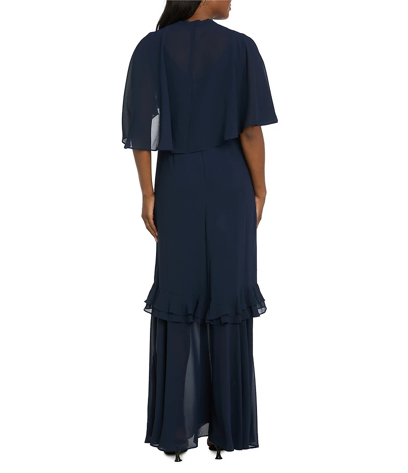R & M Richards Crepe Chiffon 2-Piece Short Sleeve Capelet Ruffle Gown