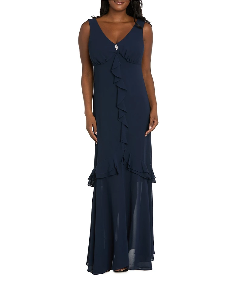 R & M Richards Crepe Chiffon 2-Piece Short Sleeve Capelet Ruffle Gown