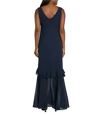 R & M Richards Crepe Chiffon 2-Piece Short Sleeve Capelet Ruffle Gown