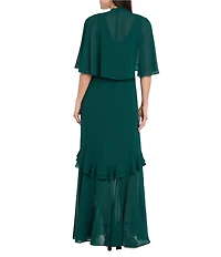 R & M Richards Crepe Chiffon 2-Piece Short Sleeve Capelet Ruffle Gown
