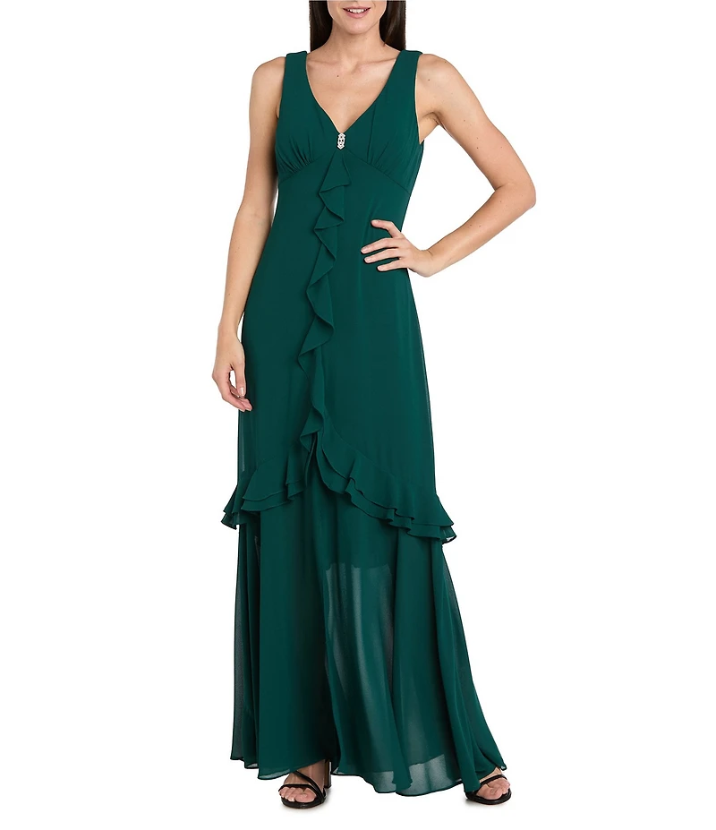 R & M Richards Crepe Chiffon 2-Piece Short Sleeve Capelet Ruffle Gown