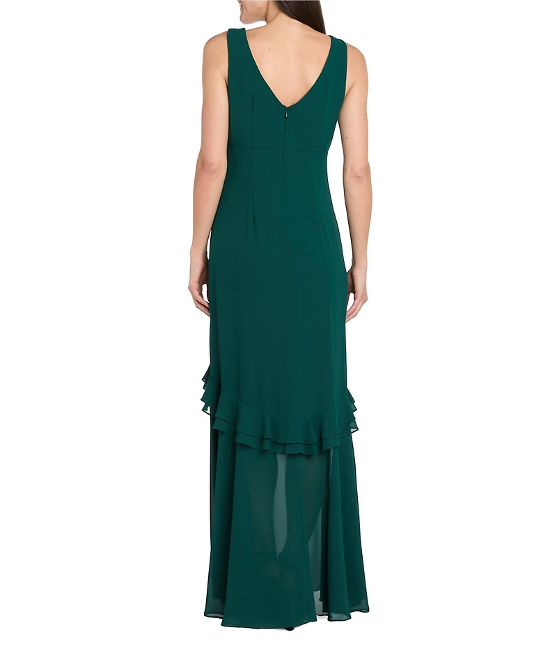 R & M Richards Crepe Chiffon 2-Piece Short Sleeve Capelet Ruffle Gown