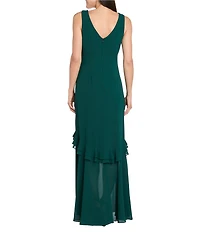 R & M Richards Crepe Chiffon 2-Piece Short Sleeve Capelet Ruffle Gown