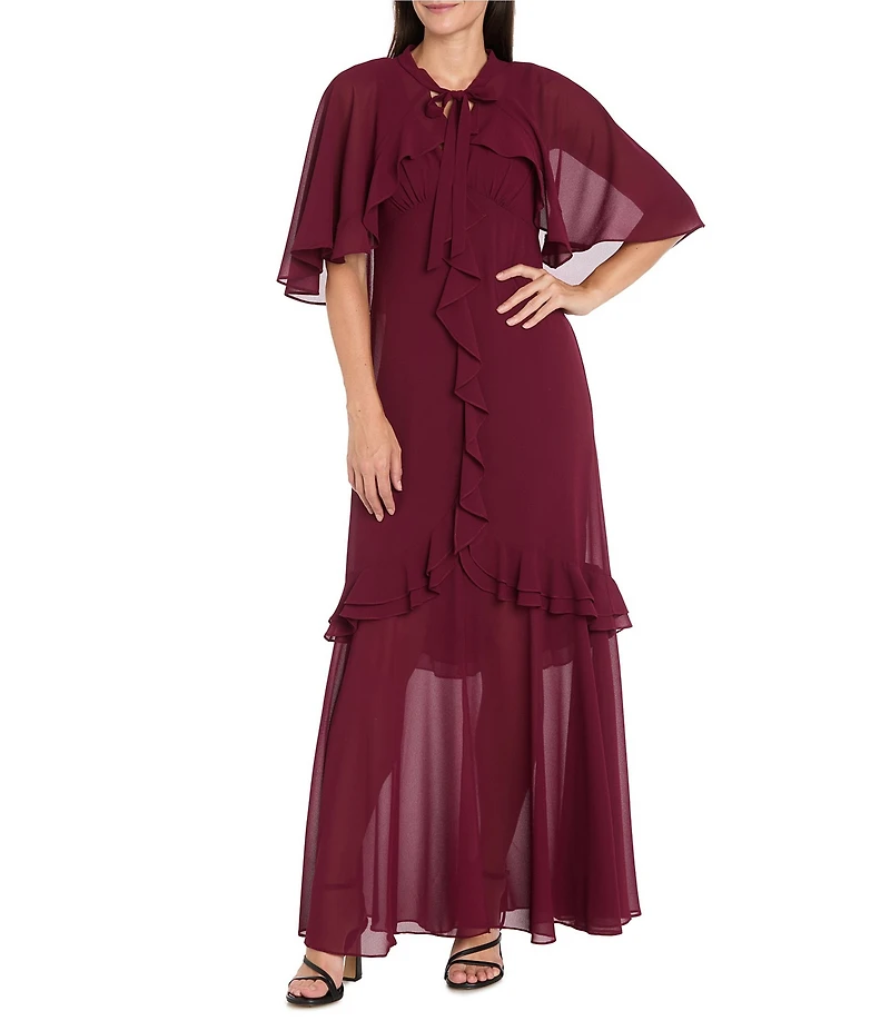 R & M Richards Crepe Chiffon 2-Piece Short Sleeve Capelet Ruffle Gown