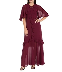 R & M Richards Crepe Chiffon 2-Piece Short Sleeve Capelet Ruffle Gown