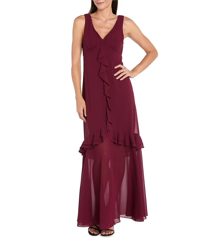 R & M Richards Crepe Chiffon 2-Piece Short Sleeve Capelet Ruffle Gown