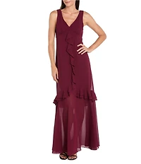 R & M Richards Crepe Chiffon 2-Piece Short Sleeve Capelet Ruffle Gown