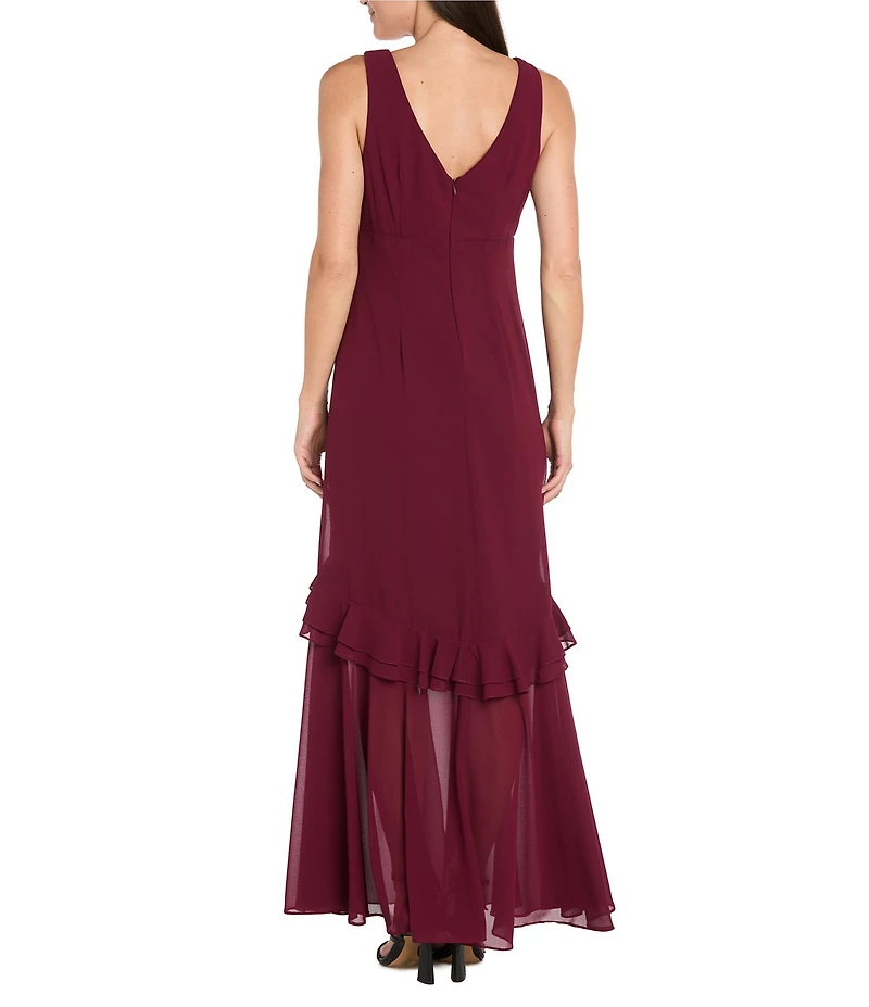 R & M Richards Crepe Chiffon 2-Piece Short Sleeve Capelet Ruffle Gown