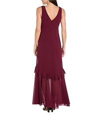 R & M Richards Crepe Chiffon 2-Piece Short Sleeve Capelet Ruffle Gown