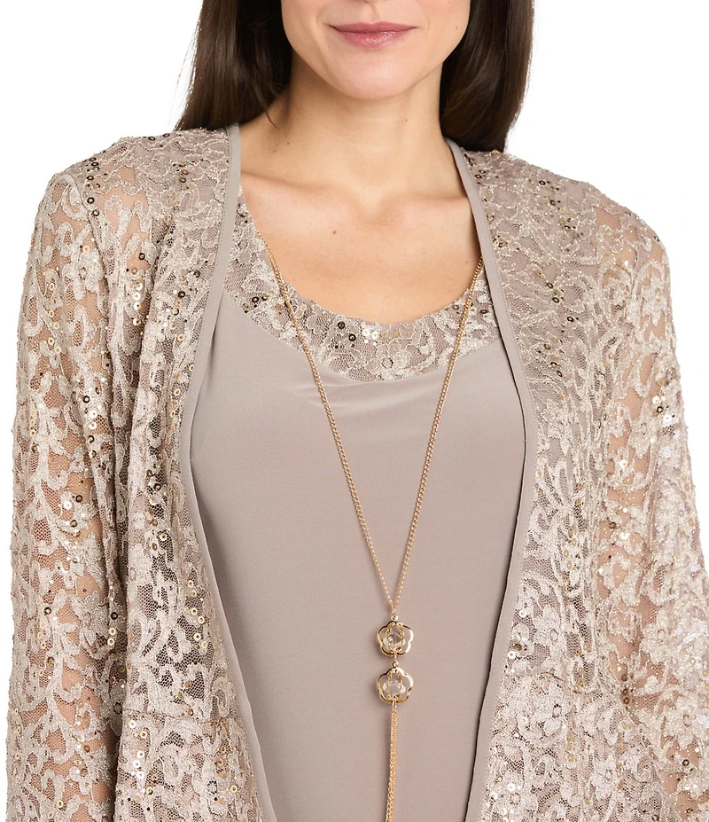 R & M Richards Crew Neck 3/4 Sleeve Embroidered Sequin 2-Piece Jacket Dress