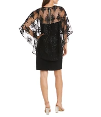 R & M Richards Crew Neck 3/4 Sleeve Embroidered Mesh Cape Overlay Dress