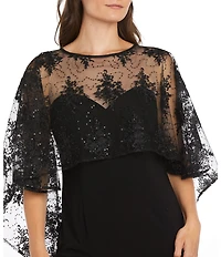 R & M Richards Crew Neck 3/4 Sleeve Embroidered Mesh Cape Overlay Dress