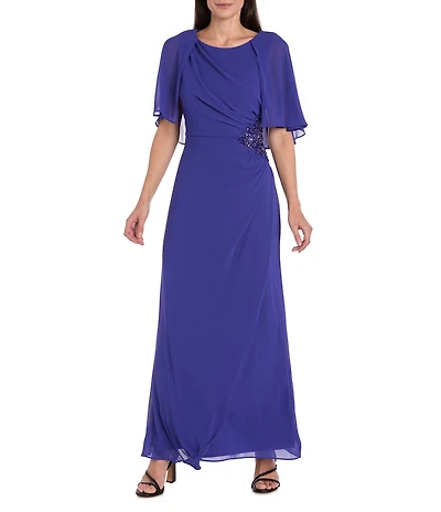 R & M Richards Crew Neck Short Flutter Sleeve Beaded Waist Flower Detail Sheath Dress