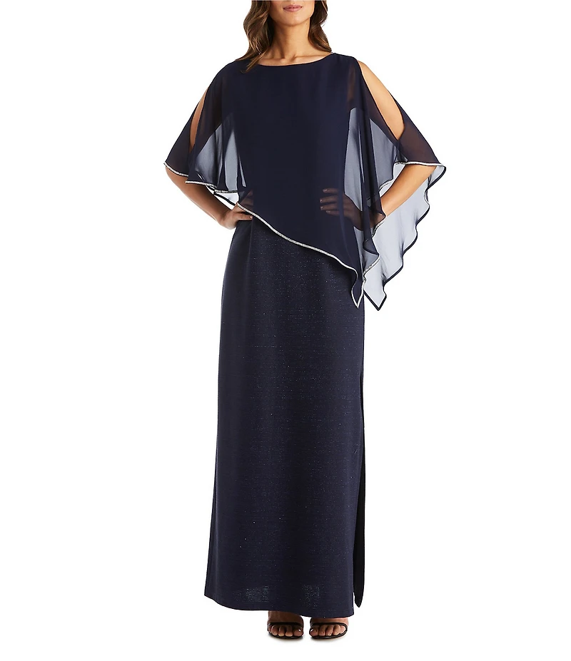 R & M Richards Crew Neck Short Sleeve Poncho Metallic Trim Overlay Popover Gown