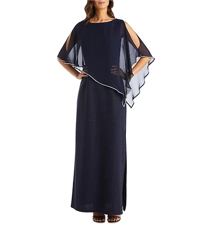 R & M Richards Crew Neck Short Sleeve Poncho Metallic Trim Overlay Popover Gown
