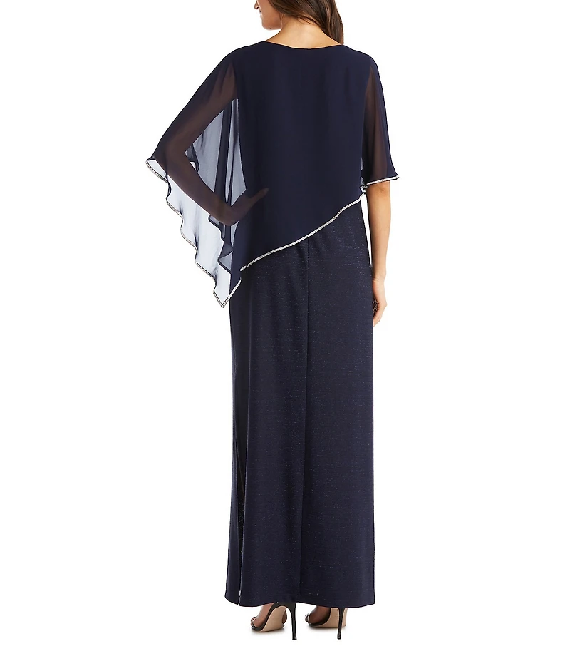 R & M Richards Crew Neck Short Sleeve Poncho Metallic Trim Overlay Popover Gown
