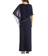 R & M Richards Crew Neck Short Sleeve Poncho Metallic Trim Overlay Popover Gown