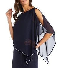 R & M Richards Crew Neck Short Sleeve Poncho Metallic Trim Overlay Popover Gown