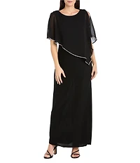 R & M Richards Crew Neck Short Sleeve Poncho Metallic Trim Overlay Popover Gown