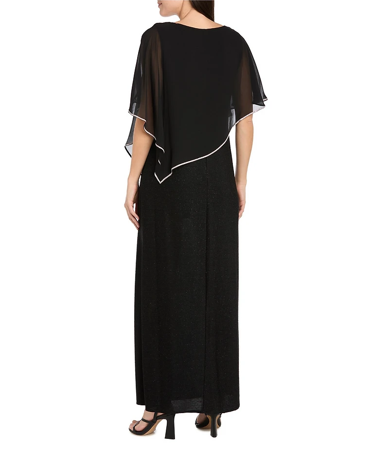 R & M Richards Crew Neck Short Sleeve Poncho Metallic Trim Overlay Popover Gown