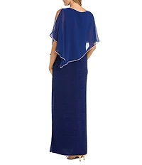 R & M Richards Crew Neck Short Sleeve Poncho Metallic Trim Overlay Popover Gown