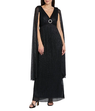 R & M Richards Crinkle Metallic Cape Sleeve Rhinestone Detail V-Neck Empire Waist Gown