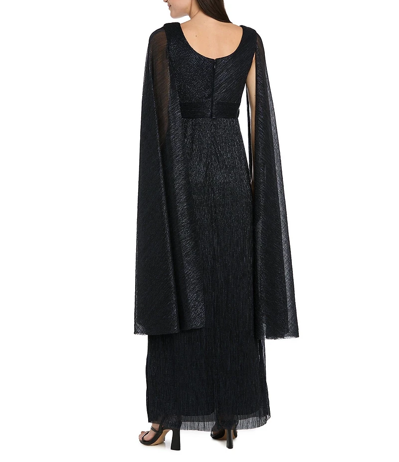 R & M Richards Crinkle Metallic Cape Sleeve Rhinestone Detail V-Neck Empire Waist Gown