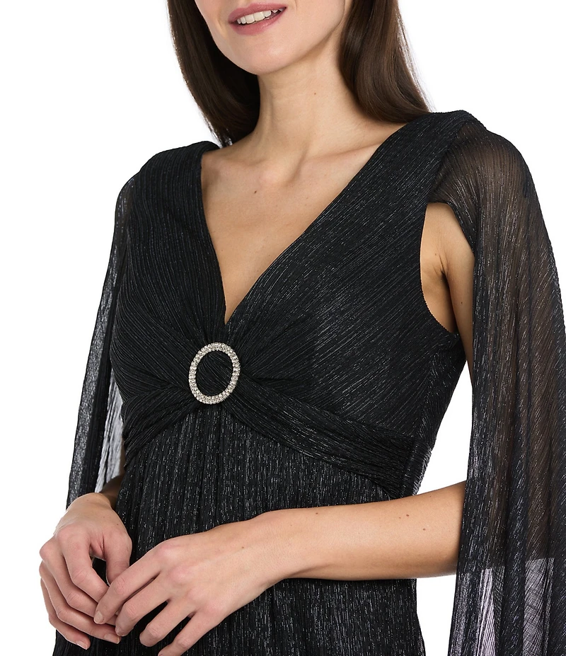 R & M Richards Crinkle Metallic Cape Sleeve Rhinestone Detail V-Neck Empire Waist Gown