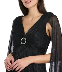 R & M Richards Crinkle Metallic Cape Sleeve Rhinestone Detail V-Neck Empire Waist Gown