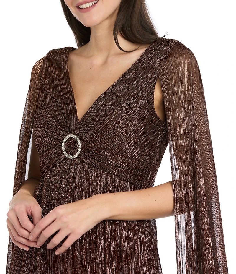 R & M Richards Crinkle Metallic Cape Sleeve Rhinestone Detail V-Neck Empire Waist Gown