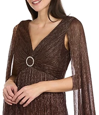 R & M Richards Crinkle Metallic Cape Sleeve Rhinestone Detail V-Neck Empire Waist Gown