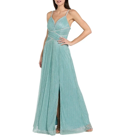 R & M Richards Crinkle Metallic Sweetheart Neck Rhinestone Detail Long Dress