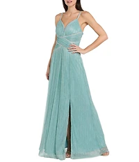 R & M Richards Crinkle Metallic Sweetheart Neck Rhinestone Detail Long Dress