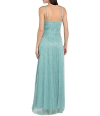 R & M Richards Crinkle Metallic Sweetheart Neck Rhinestone Detail Long Dress