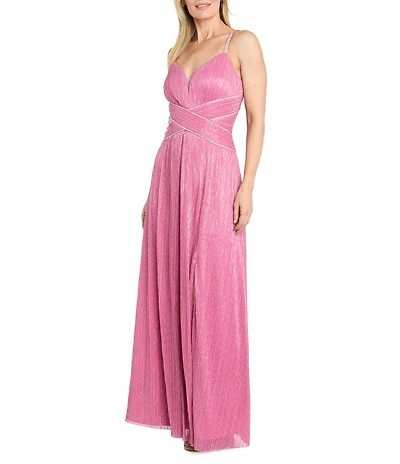 R & M Richards Crinkle Metallic Sweetheart Neck Rhinestone Detail Long Dress