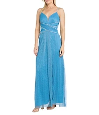 R & M Richards Crinkle Metallic Sweetheart Neck Rhinestone Detail Long Dress