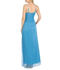 R & M Richards Crinkle Metallic Sweetheart Neck Rhinestone Detail Long Dress