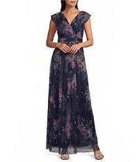 R & M Richards Crinkle Sheer Knit V-Neck Sleeveless Silvia Print Faux Wrap Dress
