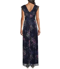 R & M Richards Crinkle Sheer Knit V-Neck Sleeveless Silvia Print Faux Wrap Dress