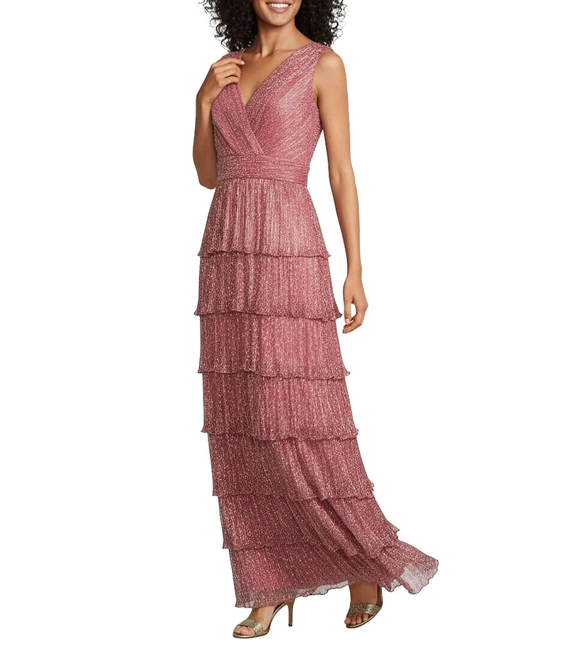 R & M Richards Crinkled Lurex Mesh V-Neck Sleeveless Tiered Gown